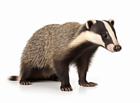 A photo-realistic image of a badger walking on all fours against a white background.