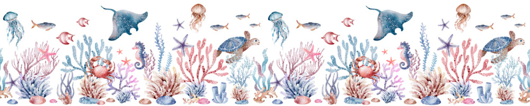 Sea animals seamless border. Hand drawn watercolor illustration of underwater world ornament on isolated background. Sea corals and shells for banner.