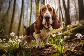 Full length basset hound Against the backdrop of a beautiful spring forest