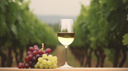 Harvest season of ripe grapes, winery, vineyard wine making. Glass of wine