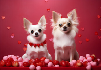 Two Dogs on a Pink Love Background: Valentine's Day, Romance, and Love Concept.	