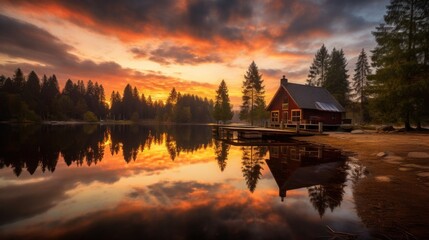 Fototapeta premium The boathouse at Ferchensee bathed in the warm evening glow of the setting sun during early summer, showcasing a flawless reflection that accentuates the cloudy ambiance