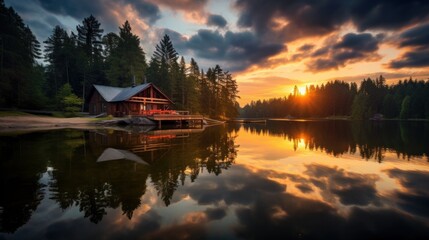 Fototapeta premium The boathouse at Ferchensee bathed in the warm evening glow of the setting sun during early summer, showcasing a flawless reflection that accentuates the cloudy ambiance