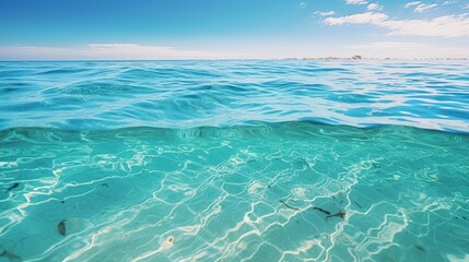 The serene and vibrant turquoise-colored deep ocean water with gentle ripples glistening under the bright sunshine on a typical summer day in a tropical country.