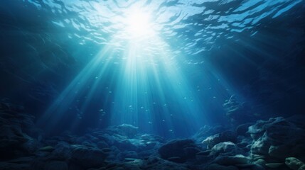 Naklejka na ściany i meble Underwater Sea - Deep Abyss With Blue Sun light