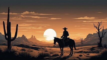 Illustration of a cowboy riding a horse in the desert at sunset - obrazy, fototapety, plakaty