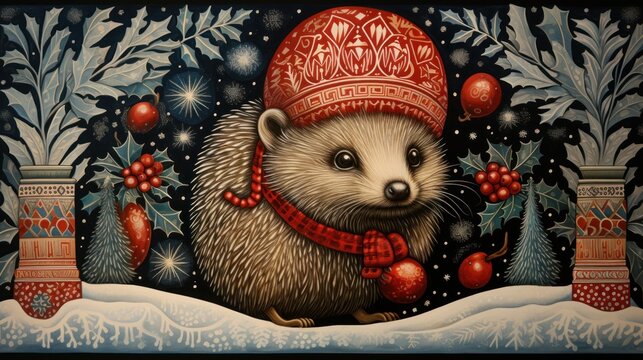  a painting of a porcupine wearing a red hat and scarf in front of a snowy scene with christmas decorations.