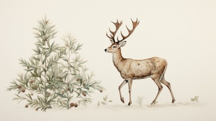  a painting of a deer standing in front of a tree with pine cones in the foreground and a pine cone in the background.