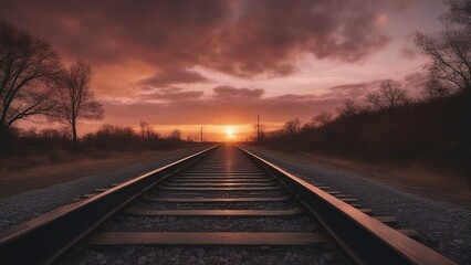 Fototapeta premium railway in the sunset A railroad that stretches into the distance, where a glowing sun is sinking into the sky. 