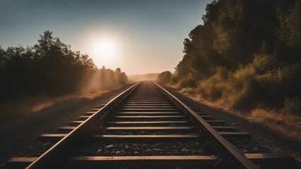 railroad tracks in the morning  A railway that vanishes into a blazing sun that is almost touching the ground.   - obrazy, fototapety, plakaty