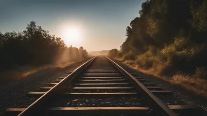 Foto op Canvas railroad tracks in the morning  A railway that vanishes into a blazing sun that is almost touching the ground.   © Jared