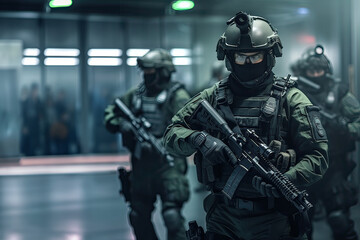 Fototapeta premium Soldier in action.Soldier holding machine gun.Military soldiers. war