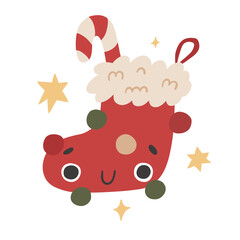 Cute Christmas red sock with lollipop inside. Cartoon Christmas character. Happy Holidays - Merry Christmas and Happy New Year. Vector print.