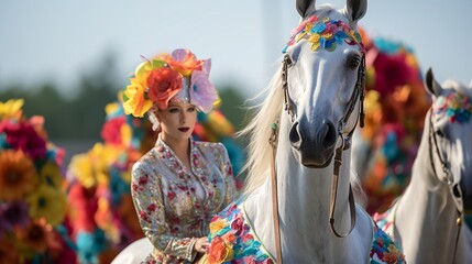 Horses gracefully parade during a colorful costume contest at the farm's annual fair. - obrazy, fototapety, plakaty
