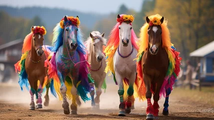Fotobehang Horses gracefully parade during a colorful costume contest at the farm's annual fair. © Muzamil