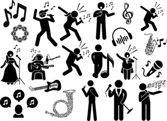 Rock Star Musician Music Artist with Musical Instruments , Black vector illustration  - obrazy, fototapety, plakaty