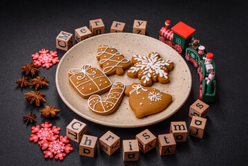 Beautiful Christmas composition with copy space with an inscription in wooden cubes