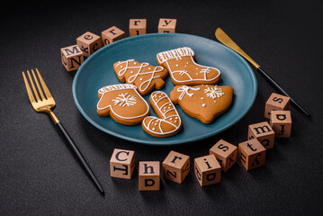 Beautiful Christmas composition with copy space with an inscription in wooden cubes