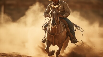 In a dusty rodeo arena, a rider demonstrates impeccable control and finesse while on horseback.