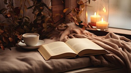 Cozy reading setup with tea and book - obrazy, fototapety, plakaty