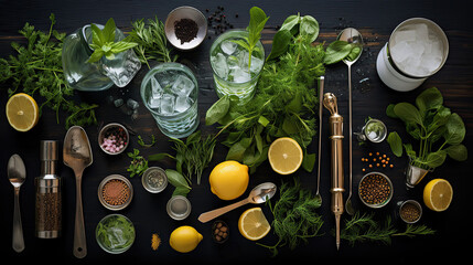 Cocktail making kit with various herbs, shaker, and glasses