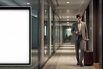 Young Businessman in hotel hallway with phone and baggage