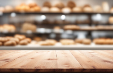 Empty wooden table top in focus, blurred bakery background. Blank desk for advertising product, generated by AI