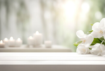 Obraz na płótnie Canvas White empty table top in front, blurred spa background. Relax massage banner with candles. Advertising podium for showing product. Cosmetology shelf generated by AI