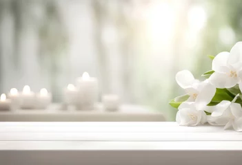 Foto op Plexiglas anti-reflex Massagesalon White empty table top in front, blurred spa background. Relax massage banner with candles. Advertising podium for showing product. Cosmetology shelf generated by AI