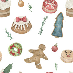 Christmas watercolor pattern with green macaroons, cake,gingerbread. Winter nature seamless print. Hand drawn illustration on white background