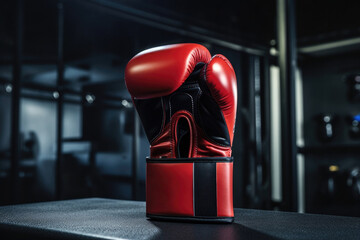 Red boxing glove against boxing ring, close up. Sports training - obrazy, fototapety, plakaty