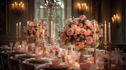 Elegant wedding table arrangement with flowers and candles - obrazy, fototapety, plakaty