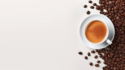 White cup with coffee next to coffee beans. Place for text. - obrazy, fototapety, plakaty