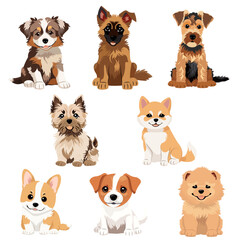 Set Of Cute Puppies Cartoon Different Breeds Dogs Vector illustration