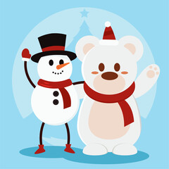 Cute christmas polar bear and snowman characters Vector