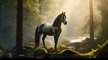 the amazing forest horse emerges from the misty woods, showcasing its majestic presence.