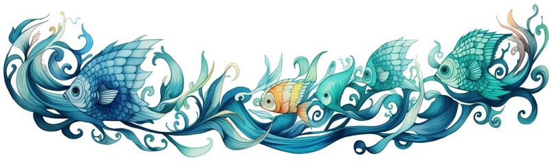 Beautiful decorative frieze with blue and yellow exotic fish in swirling algae and water waves, page border or banner, graphic element isolated on white background, swimming in the ocean, wallpaper