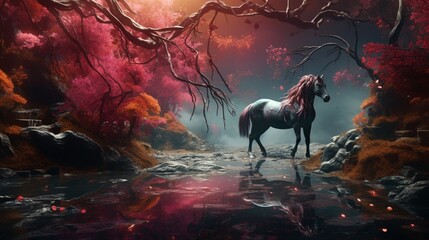the amazing forest horse in a vivid, dreamlike realm where gravity is malleable and landscapes shift with thought. - obrazy, fototapety, plakaty