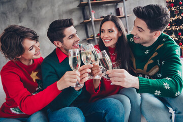 Portrait of positive fellows hands hold clink champagne glass saying toasts fairy new year occasion flat inside