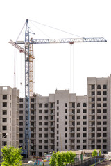 Fototapeta na wymiar Construction of multi-storey buildings with tower cranes on a white isolated background.