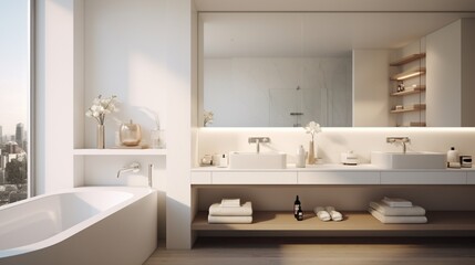 Fototapeta na wymiar A contemporary white bathroom with a double vanity and sleek fixtures
