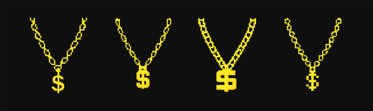 8 bit dollar golden chain icon. Pixel retro rapper necklace vector