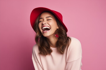 woman in a red hat laughing