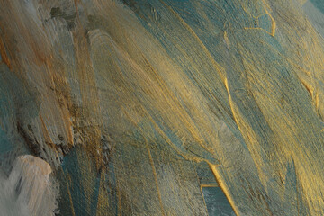 Art grain texture oil and Acrylic smear blot painting. Abstract gold and gray blue color stain...