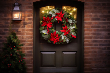 Fototapeta na wymiar Warm Glow of Holiday Spirit: Cottage Door Wreath