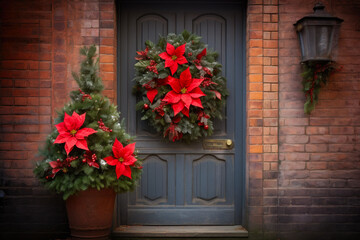 Fototapeta na wymiar Cozy Christmas Welcome: Wreath on Brick Cottage Door