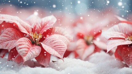 Frozen poinsettia flowers in the snow.
