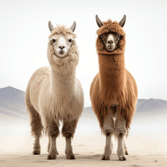 Fototapeta premium Pair of Llamas and Rolling Hills, Isolated on White