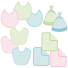 A set of things for a newborn isolated on a white background. Collection for pink girls. Stopper, bib, panties, clacks, bottle, pacifier, socks, bow. Vector illustration.