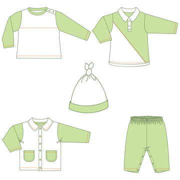 Vector flat sketch of baby clothes, fashion design VECTOR for baby girls and boys. You can use it as a base in your collection, color it however you want and place your print pattern. baby